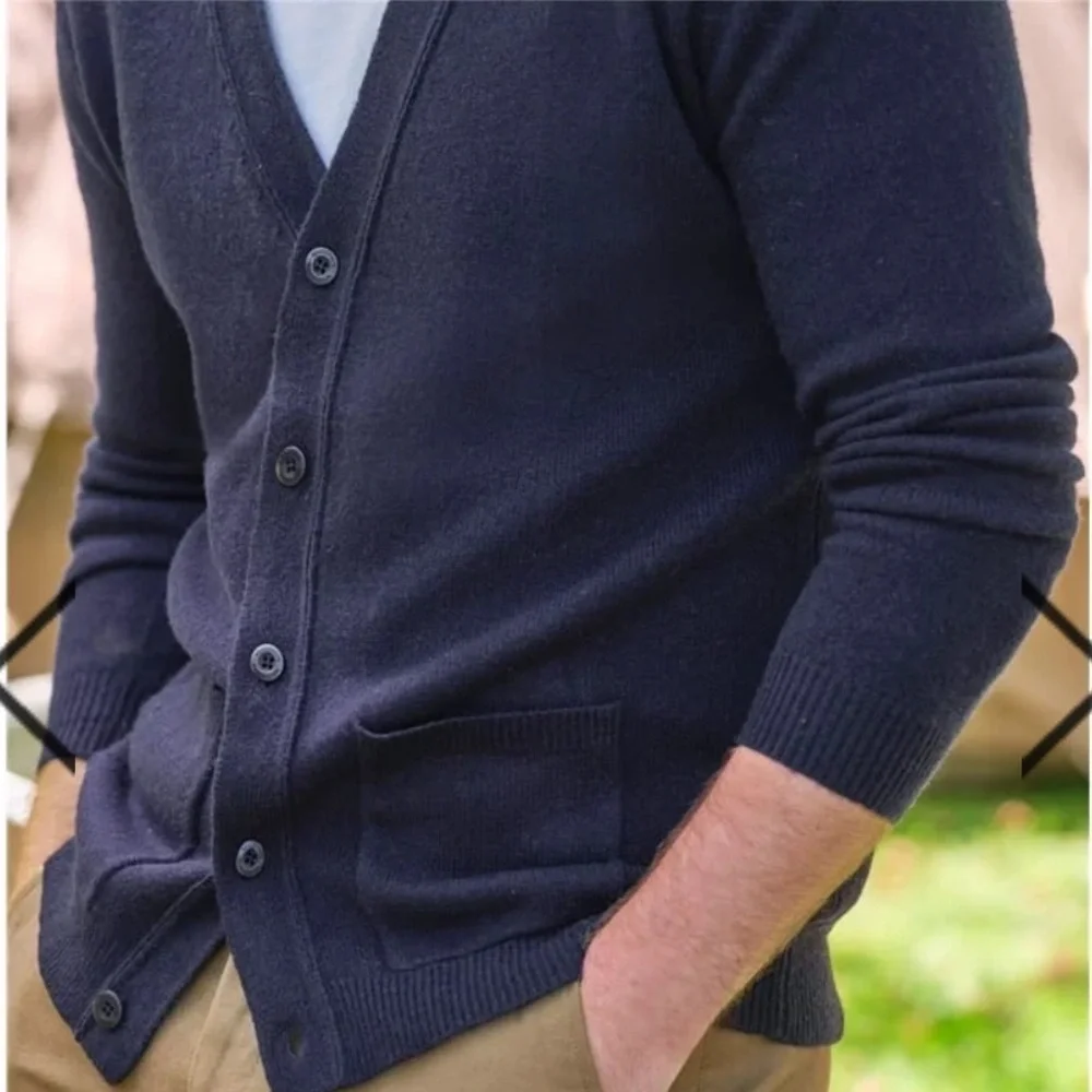 Woolovers Mens Lambswool‎ V Neck Pure Lambswool Cardigan Navy Blue Size XLarge